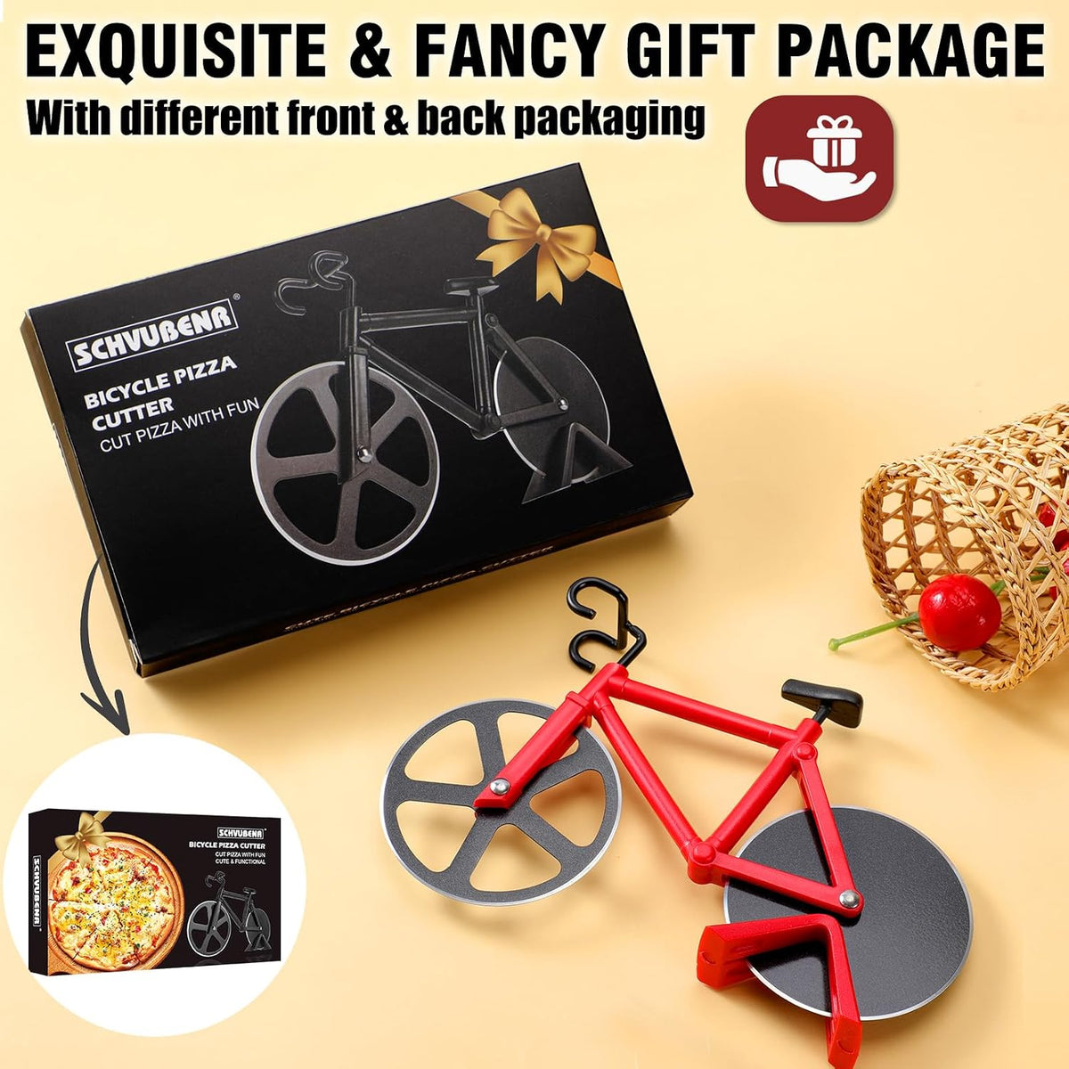 Bicycle Pizza Cutter Wheel - Gifts for Cyclists, Men, Dad, Bike Lovers - Funny Kitchen Gadgets - Cool Father’S Day, Christmas, Birthday, White Elephant Gifts - Stainless Steel Pizza Slicer(Red)