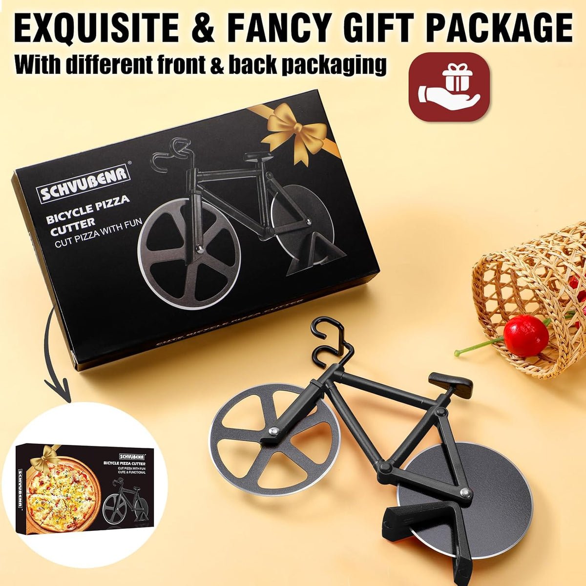Bicycle Pizza Cutter Wheel - Gifts for Cyclists, Men, Dad, Bike Lovers - Funny Kitchen Gadgets - Cool Father’S Day, Christmas, Birthday, White Elephant Gifts - Stainless Steel Pizza Slicer(Black)