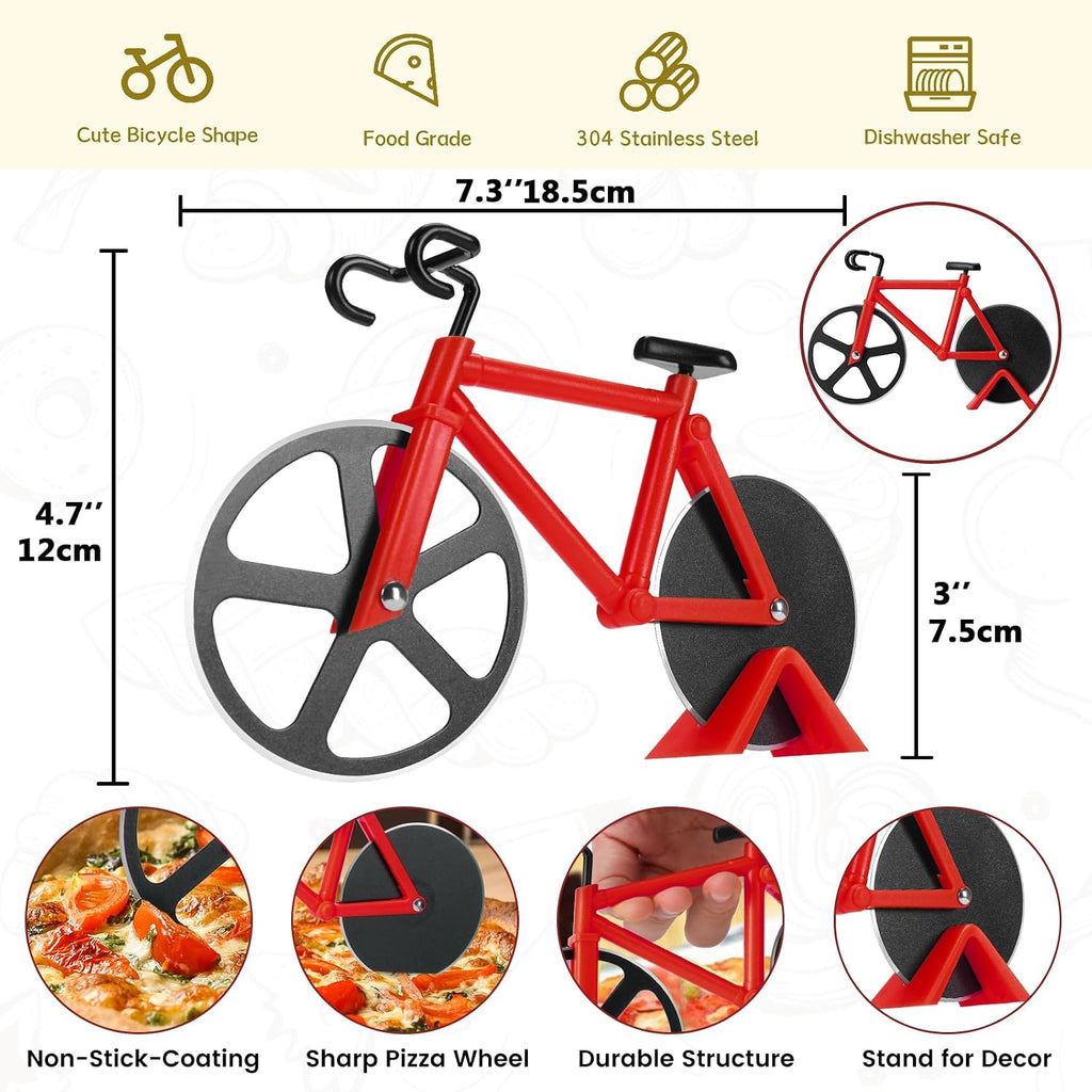 Bicycle Pizza Cutter Wheel - Gifts for Cyclists, Men, Dad, Bike Lovers - Funny Kitchen Gadgets - Cool Father’S Day, Christmas, Birthday, White Elephant Gifts - Stainless Steel Pizza Slicer(Red)