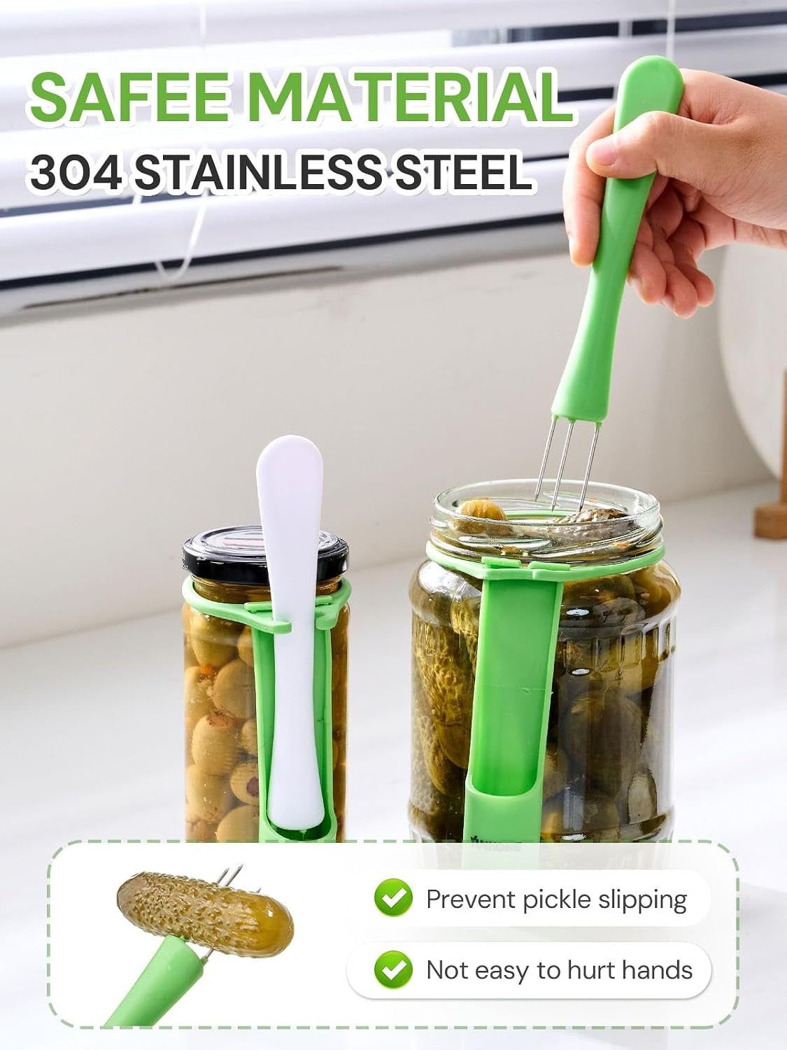 2 Pack Pickle Fork for the Jar, Pickle Grabber Tool, Stainless Steel Olive Grabber Tool, Deep Jar Vegetable Grabber for Olive, Unique Kitchen Gadgets