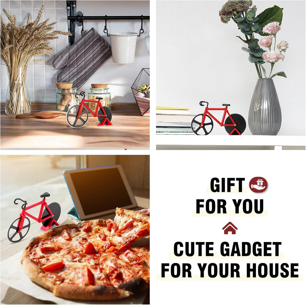 Bicycle Pizza Cutter Wheel - Gifts for Cyclists, Men, Dad, Bike Lovers - Funny Kitchen Gadgets - Cool Father’S Day, Christmas, Birthday, White Elephant Gifts - Stainless Steel Pizza Slicer(Red)