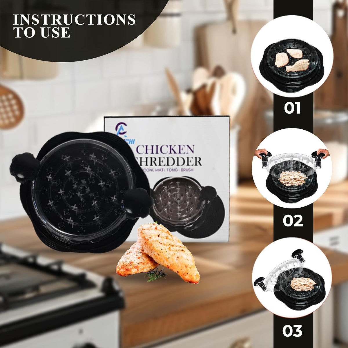Large Chicken Shredder Tool Twist Equipped with Middle Tray, Including 1 X Anti-Slip Silicone Mat, 1X Kitchen Tongs and 1X Cleaning Brush, Suitable for Pork Beef‬ Chicken‬ Breast (Black)