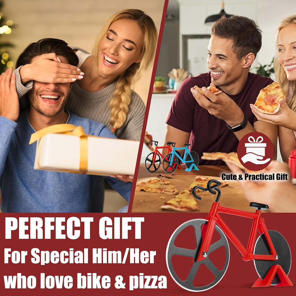 Bicycle Pizza Cutter Wheel - Gifts for Cyclists, Men, Dad, Bike Lovers - Funny Kitchen Gadgets - Cool Father’S Day, Christmas, Birthday, White Elephant Gifts - Stainless Steel Pizza Slicer(Red)