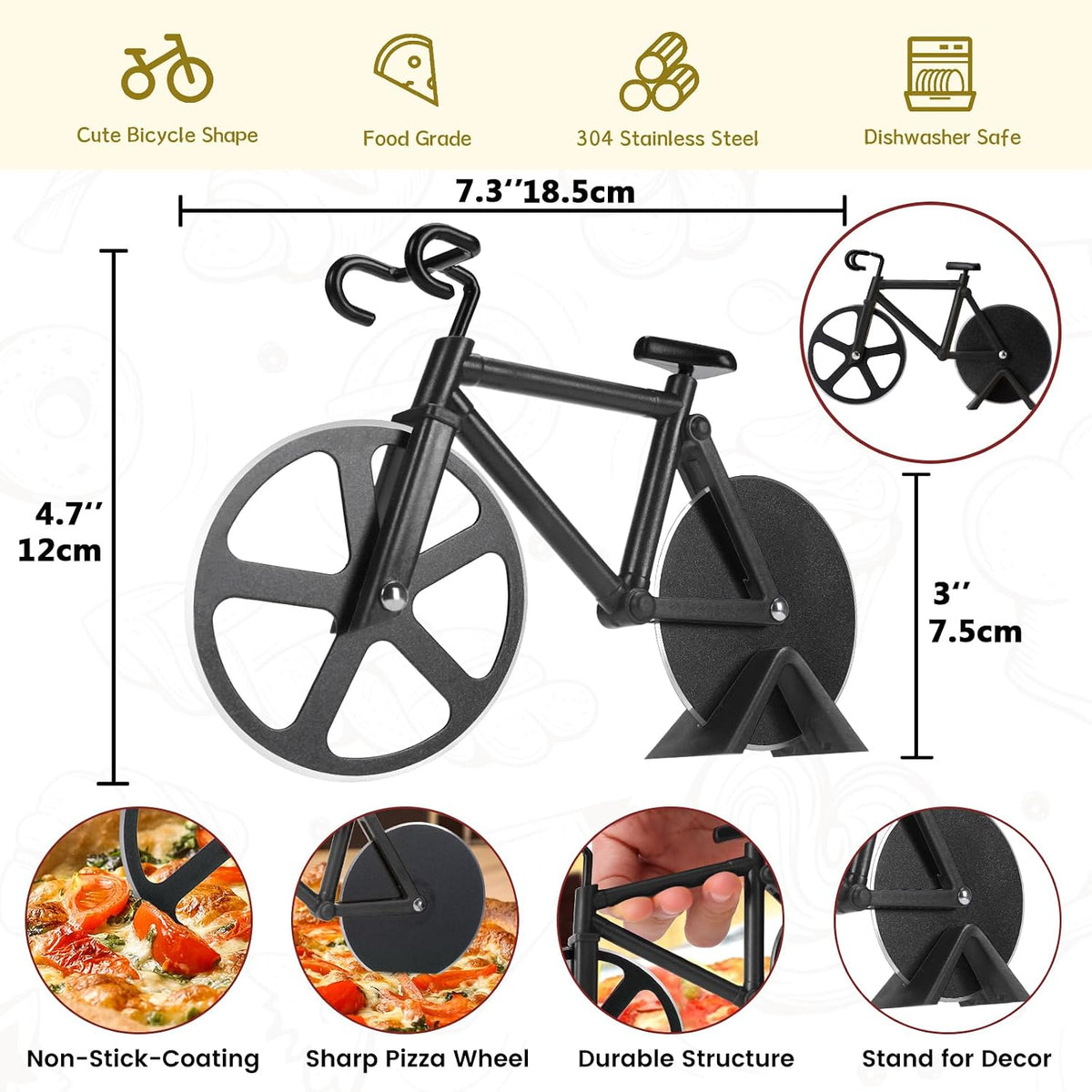 Bicycle Pizza Cutter Wheel - Gifts for Cyclists, Men, Dad, Bike Lovers - Funny Kitchen Gadgets - Cool Father’S Day, Christmas, Birthday, White Elephant Gifts - Stainless Steel Pizza Slicer(Black)