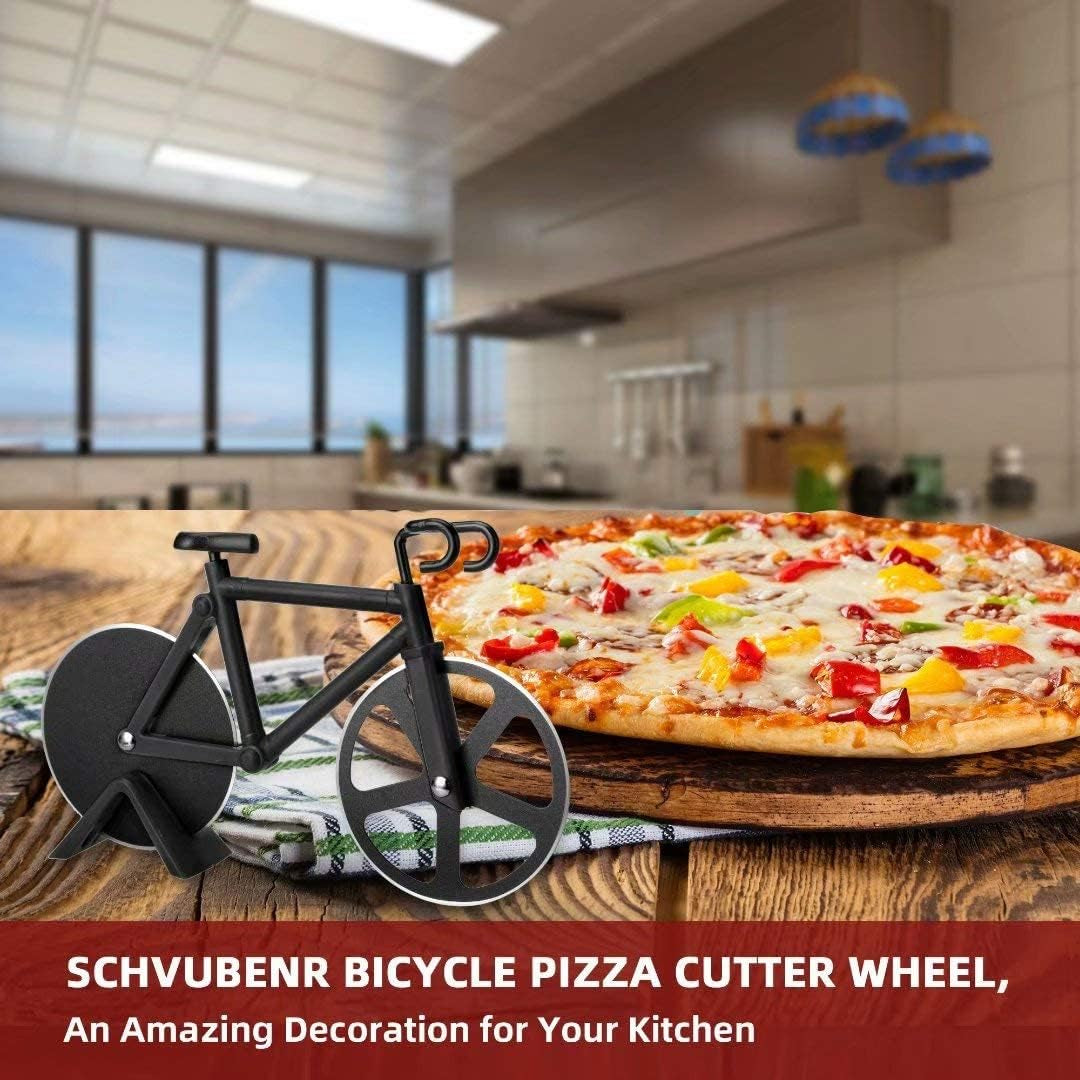 Bicycle Pizza Cutter Wheel - Gifts for Cyclists, Men, Dad, Bike Lovers - Funny Kitchen Gadgets - Cool Father’S Day, Christmas, Birthday, White Elephant Gifts - Stainless Steel Pizza Slicer(Black)