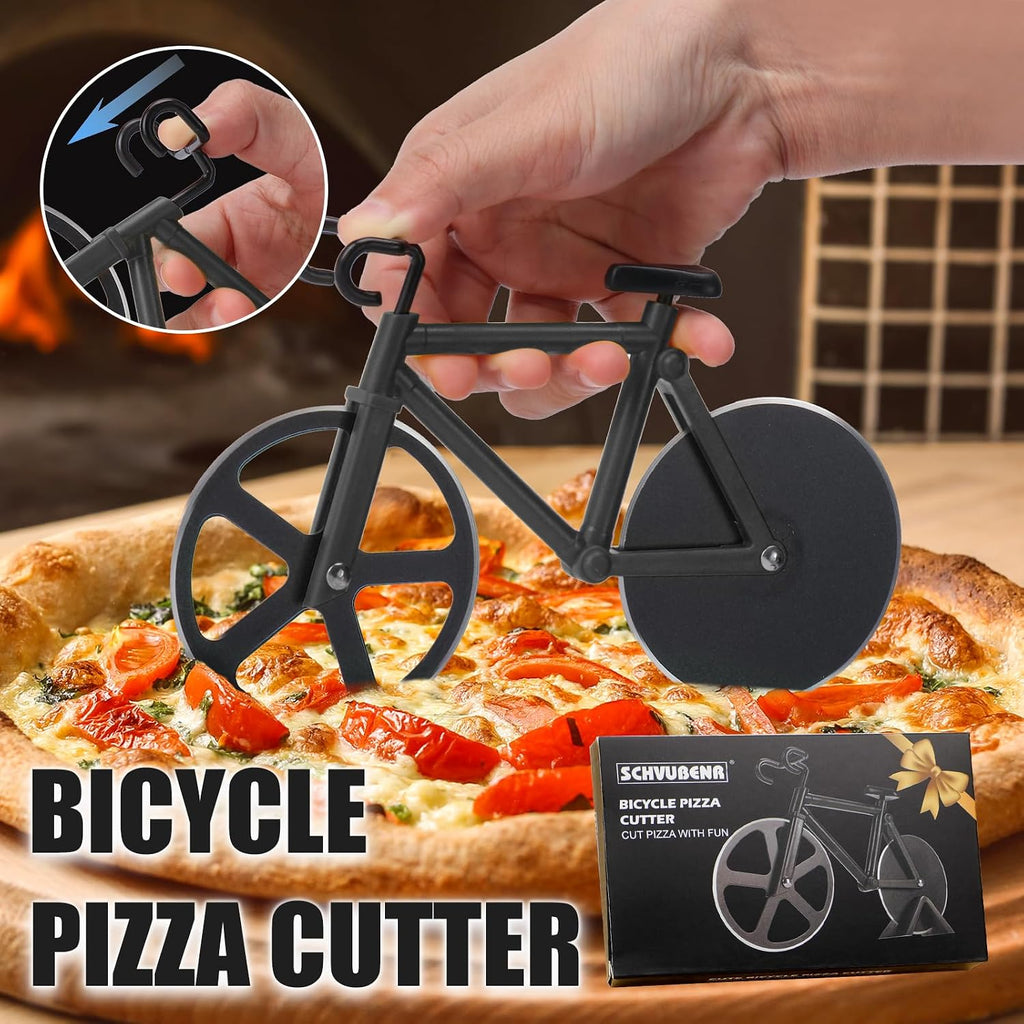 Bicycle Pizza Cutter Wheel - Gifts for Cyclists, Men, Dad, Bike Lovers - Funny Kitchen Gadgets - Cool Father’S Day, Christmas, Birthday, White Elephant Gifts - Stainless Steel Pizza Slicer(Black)