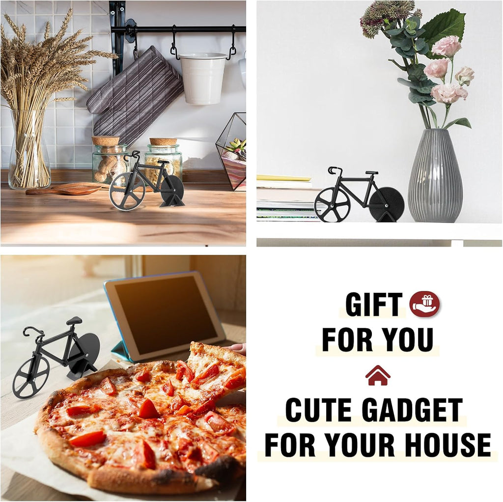 Bicycle Pizza Cutter Wheel - Gifts for Cyclists, Men, Dad, Bike Lovers - Funny Kitchen Gadgets - Cool Father’S Day, Christmas, Birthday, White Elephant Gifts - Stainless Steel Pizza Slicer(Black)