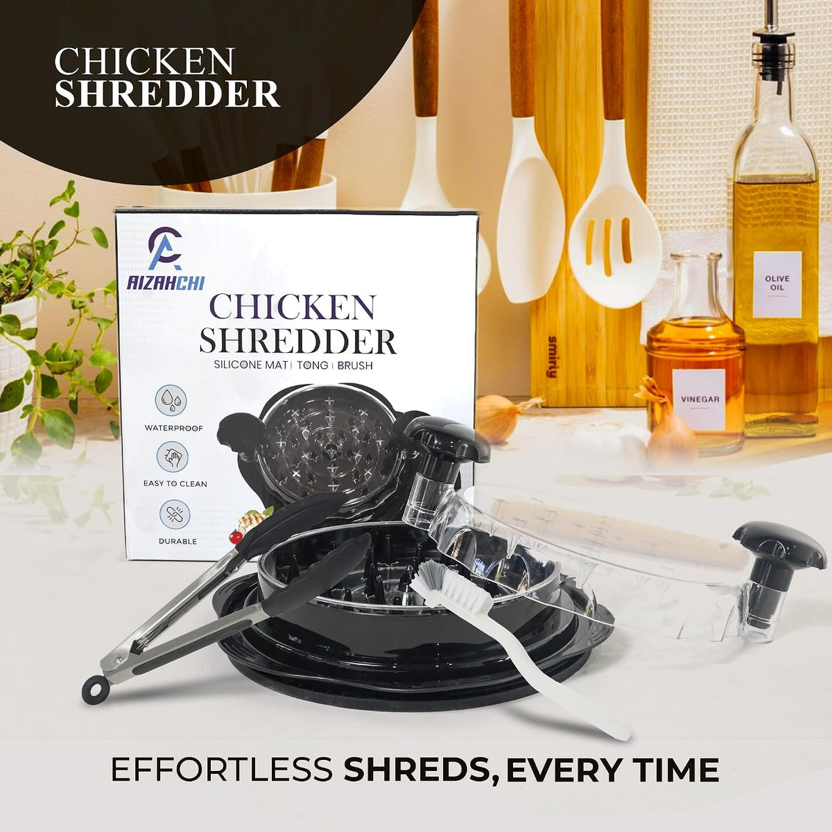 Large Chicken Shredder Tool Twist Equipped with Middle Tray, Including 1 X Anti-Slip Silicone Mat, 1X Kitchen Tongs and 1X Cleaning Brush, Suitable for Pork Beef‬ Chicken‬ Breast (Black)