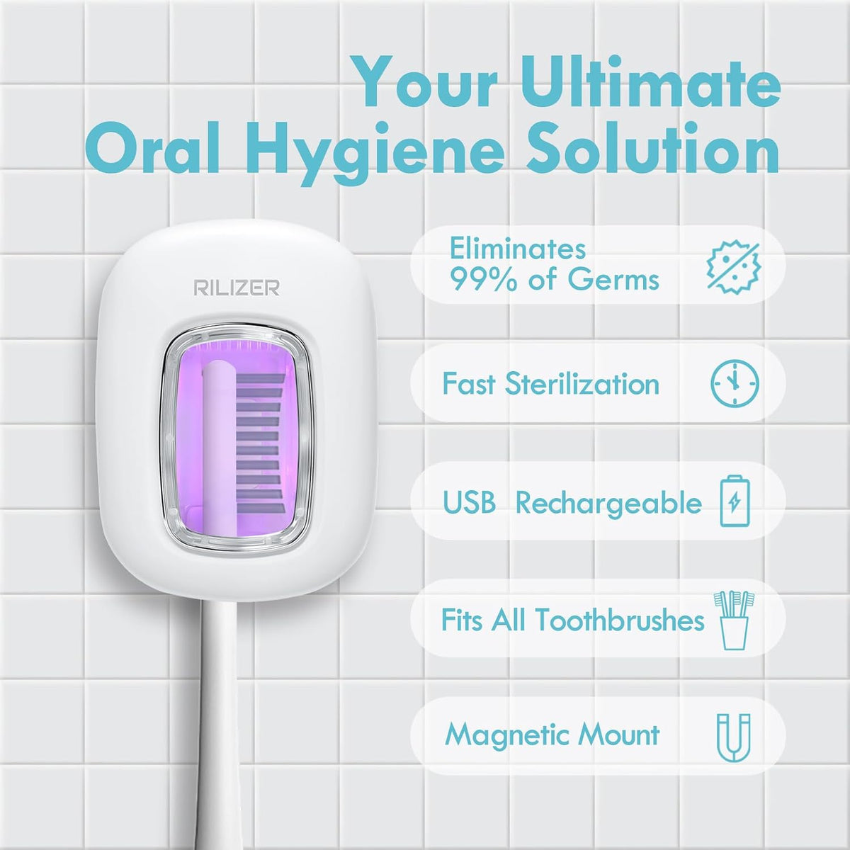 UV Toothbrush Sanitizer Cover, Rechargeable Travel Cap with Magnetic Wall Mount, Portable Cleaner for Any Size Toothbrush